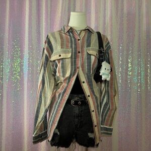 pink, blue, and tan urban outfitters button-up long sleeve